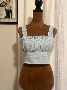 NOVA Blue Gingham Floral Ruffle Crop Top Girls 14/16 Cottagecore